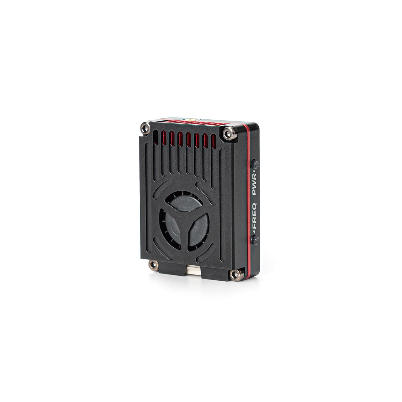 VTX side view showing cooling vents, four corner screws, and FREQ/PWR button side markings