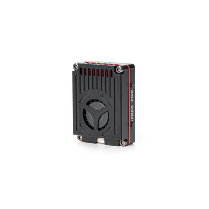 VTX side view showing cooling vents, four corner screws, and FREQ/PWR button side markings