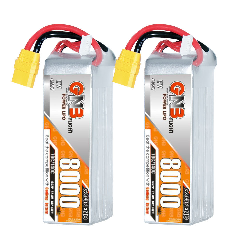 Two GNB HV 6S 8000mAh LiHV LiPo batteries with yellow XT90 connectors, front label view