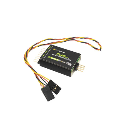 FrSky FLVS ADV voltage sensor with wiring lead and connector plugs, angled view