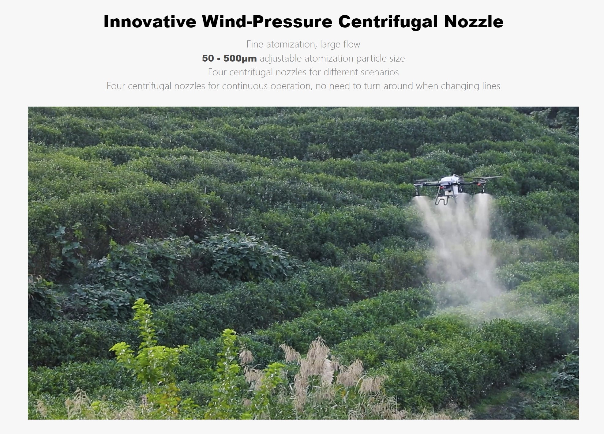 TopXGun FP500 Agriculture Drone, Atomizer with adjustable particle size (0.5-50μm) and multiple nozzles for versatile applications.