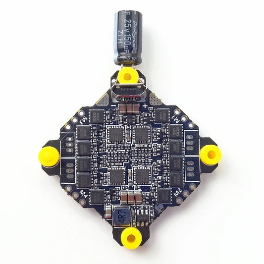 DarwinFPV 15A F411 whoop AIO flight controller 4-in-1 ESC board, component side with capacitor