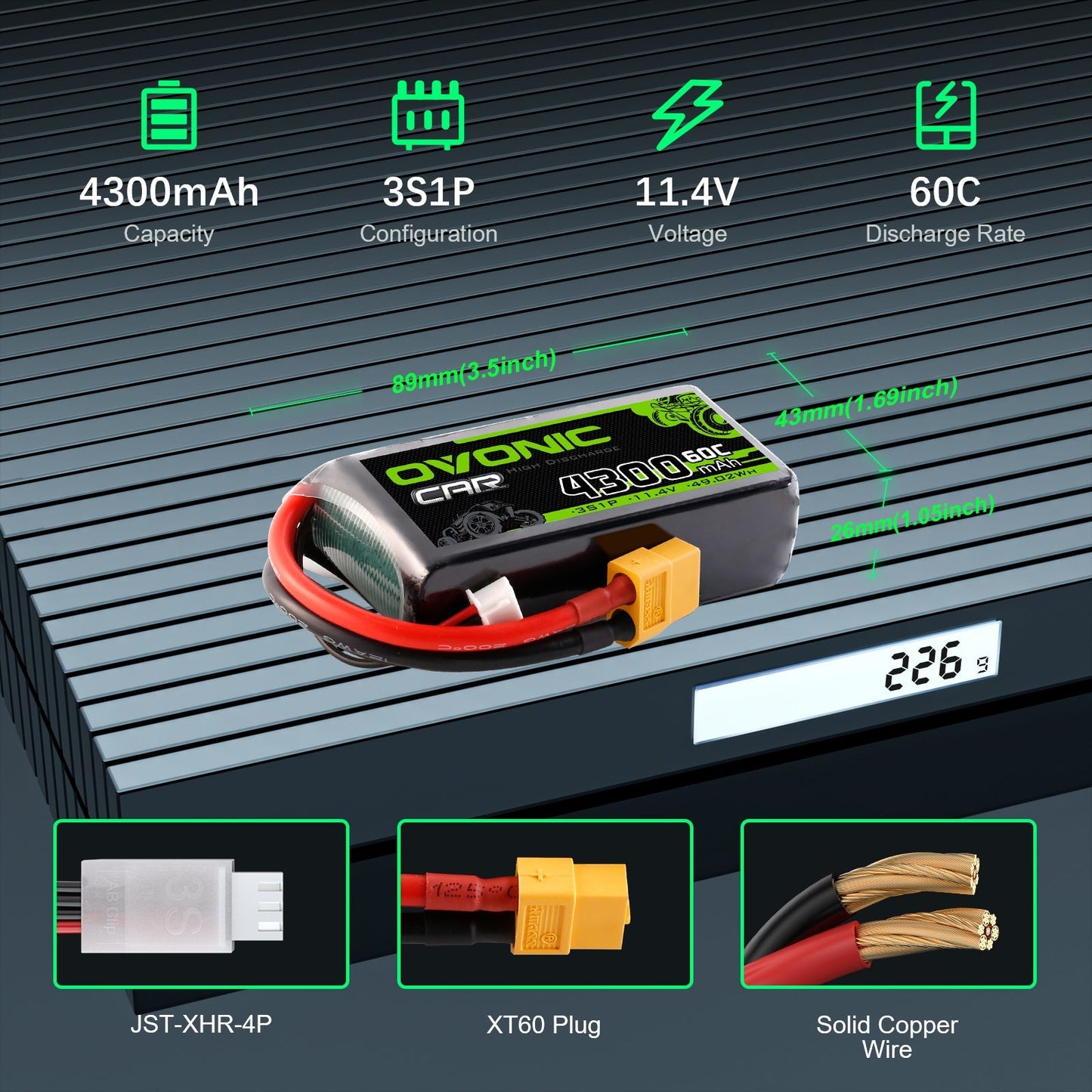 OVONIC 3S 4300mAh LiHV battery specs infographic showing 11.4V, 60C, dimensions, and 226g weight
