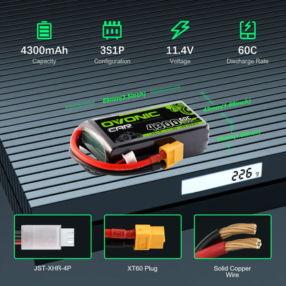 OVONIC 3S 4300mAh LiHV battery specs infographic showing 11.4V, 60C, dimensions, and 226g weight