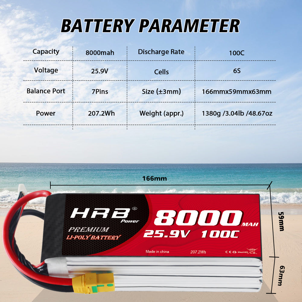 Battery parameter chart showing 8000mAh, 25.9V, 100C, 207.2Wh and 166×59×63mm size dimensions