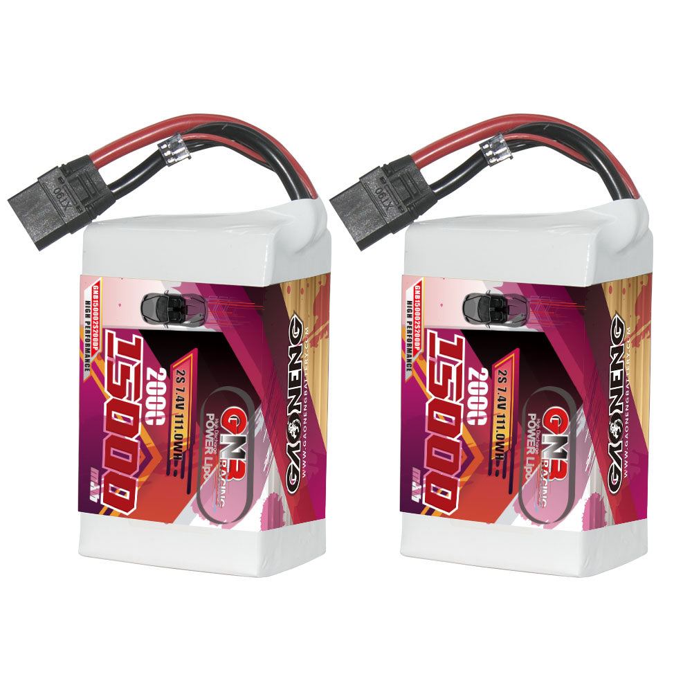 Two GAONENG GNB 15000mAh 2S LiPo batteries side by side, white shrink wrap with attached power leads