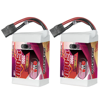Two GAONENG GNB 15000mAh 2S LiPo batteries side by side, white shrink wrap with attached power leads