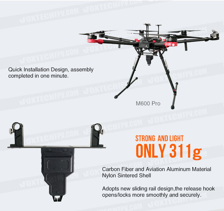 RDD-M 10KG Payload Release and Drop Device 4 RDD-M 10KG Payload Release and Drop, Lightweight, strong device with 1-minute installation featuring carbon fiber and aluminum.