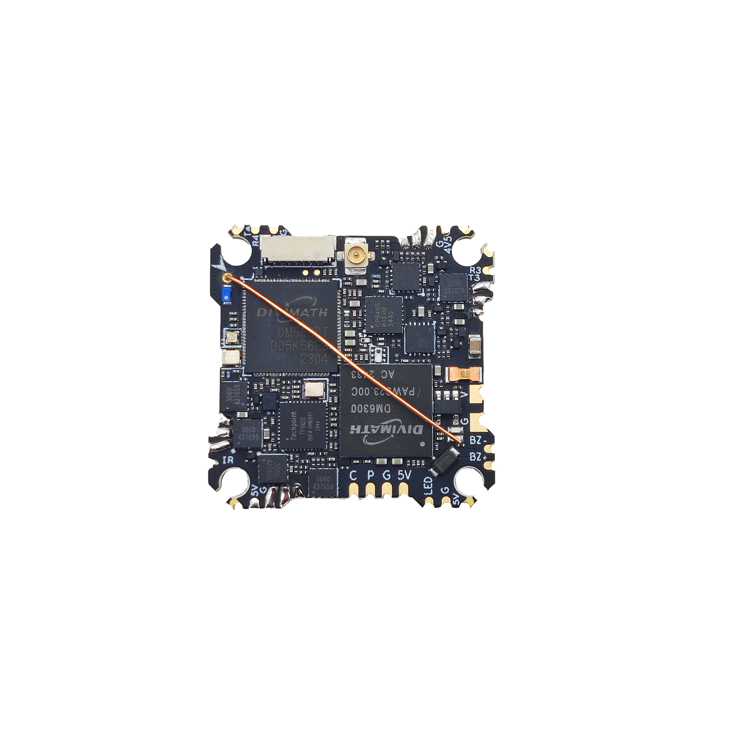 HDZero AIO15 AIO flight system, top-down view showing PCB layout, chips, and solder pads