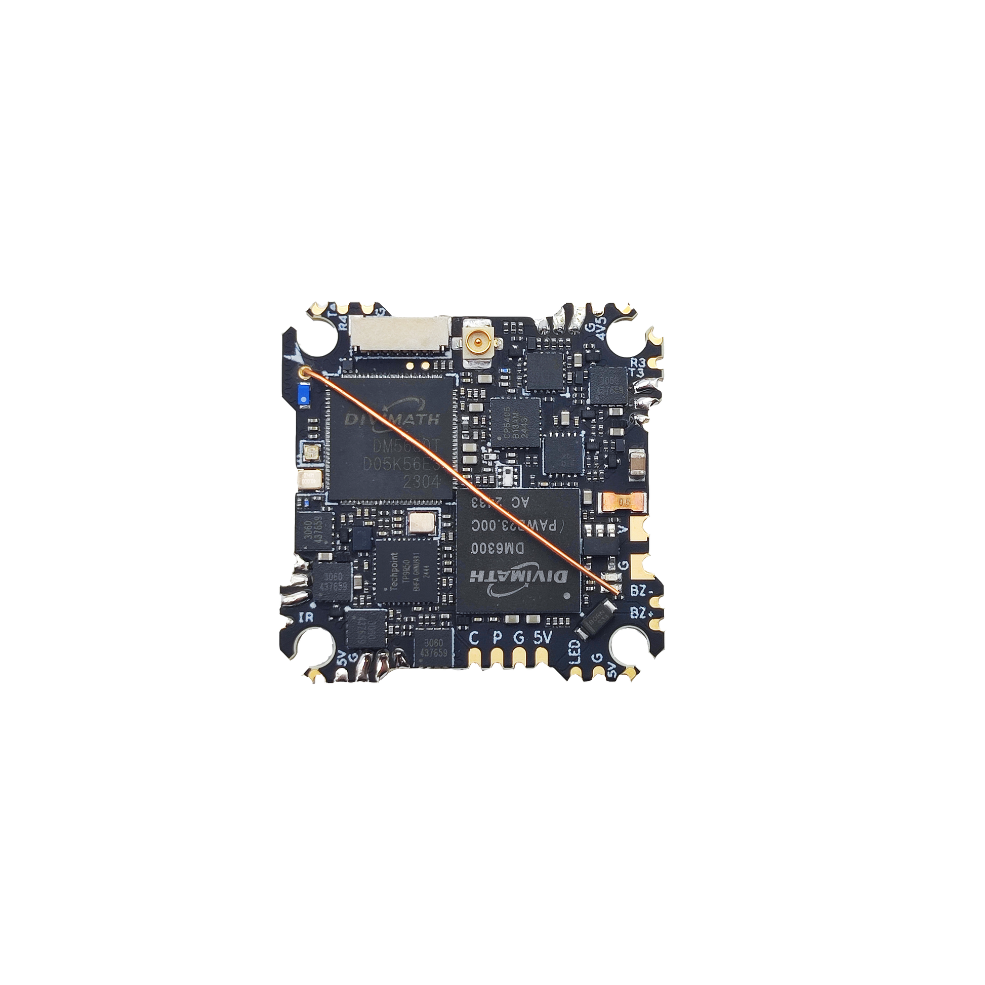 HDZero AIO15 AIO flight system, top-down view showing PCB layout, chips, and solder pads