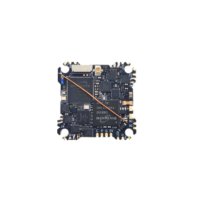 HDZero AIO15 AIO flight system, top-down view showing PCB layout, chips, and solder pads