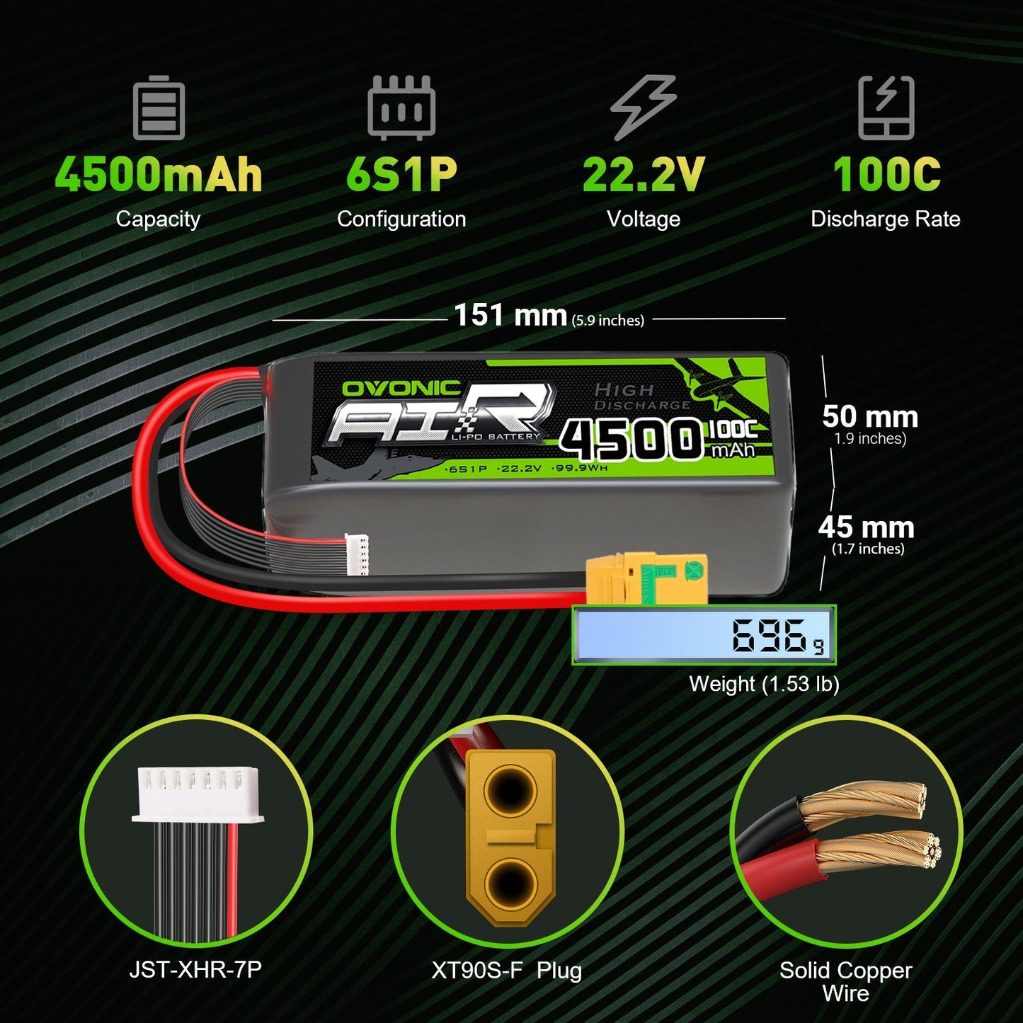 Ovonic 6S 4500mAh 22.2V 100C LiPo battery specs infographic with dimensions, weight, XT90S and JST-XHR leads