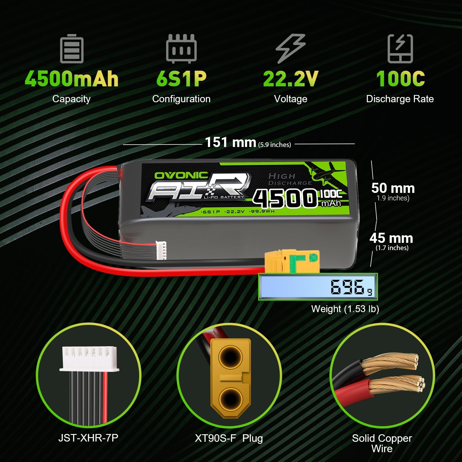 Ovonic 6S 4500mAh 22.2V 100C LiPo battery specs infographic with dimensions, weight, XT90S and JST-XHR leads