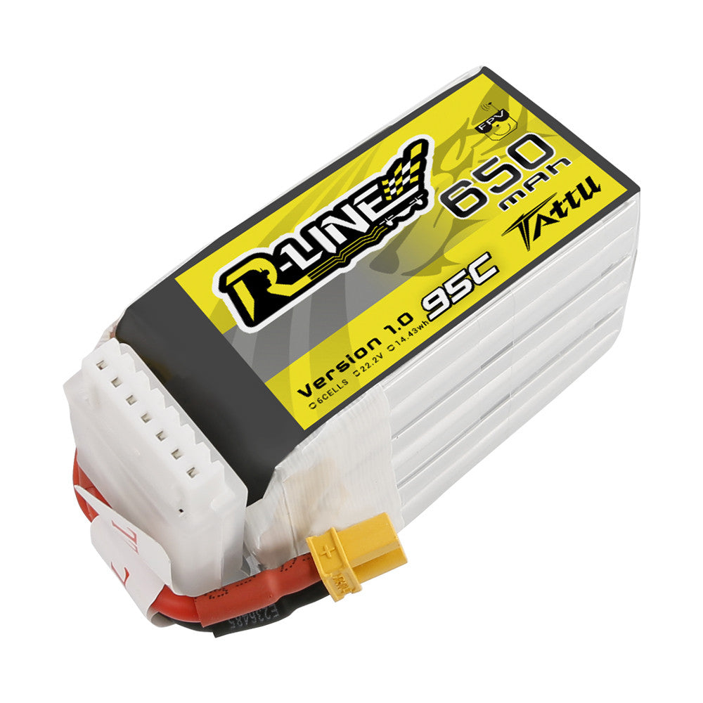 Tattu R-Line 650mAh 6S 22.2V 95C LiPo Battery, Tattu R-Line 650mAh 6S 95C LiPo battery pack with XT30-style main plug and 6S balance connector