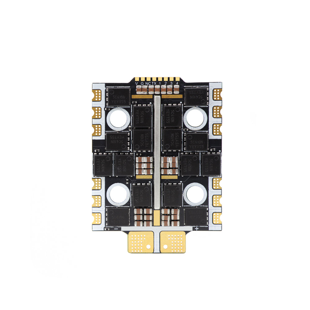 HGLRC 60A 4in1 Mini 8S 32-bit V1 ESC bottom side with MOSFET layout and battery pads