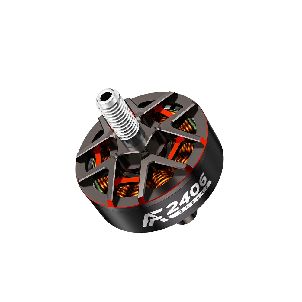 Axisflying AF2406 2080KV brushless motor with black open-frame bell, copper windings, and threaded shaft