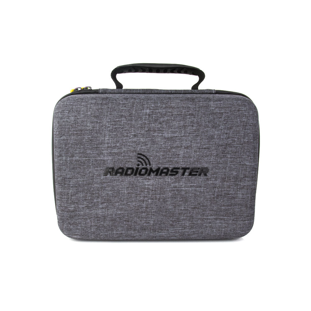 Front view of gray RadioMaster fabric carry case with embossed logo and top handle
