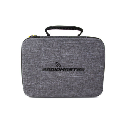 Front view of gray RadioMaster fabric carry case with embossed logo and top handle