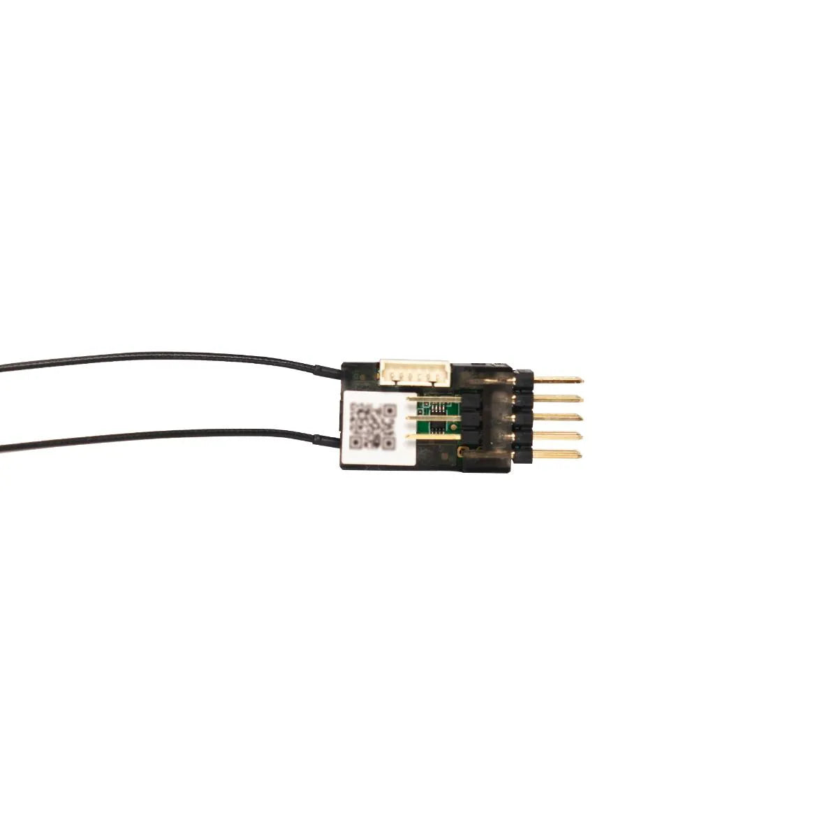 Rear view of receiver showing QR code label, small white connector and 6-pin PWM header