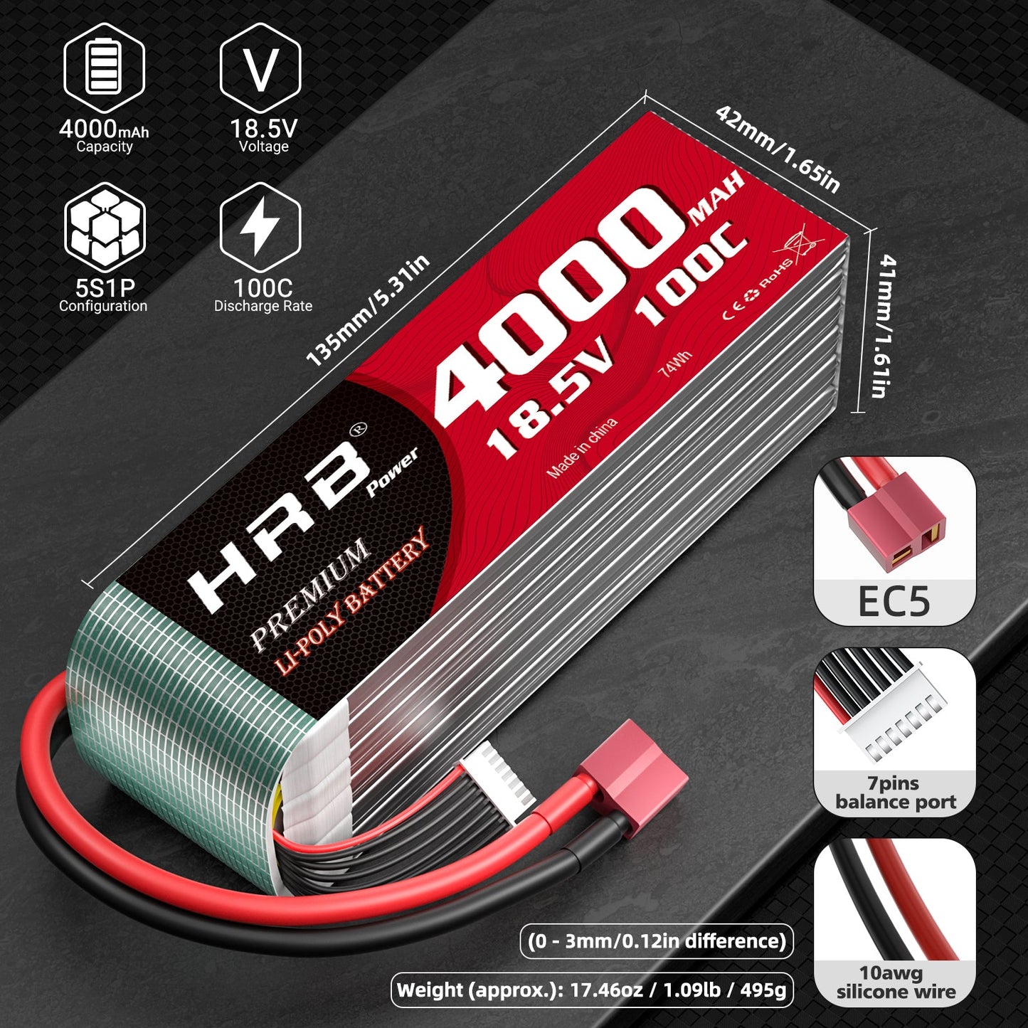 HRB 4000mAh 18.5V 100C LiPo battery diagram with dimensions, EC5 connector, 7-pin balance port