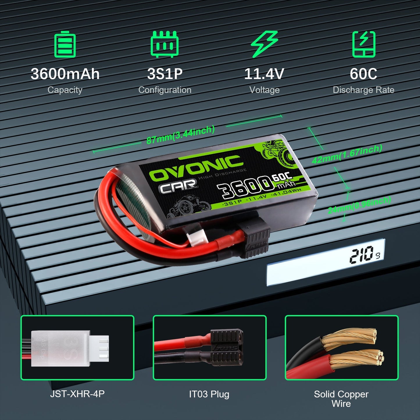 OVONIC 3S 3600mAh 11.4V LiHV battery specs graphic with dimensions, 210g weight, IT03 and JST-XHR-4P