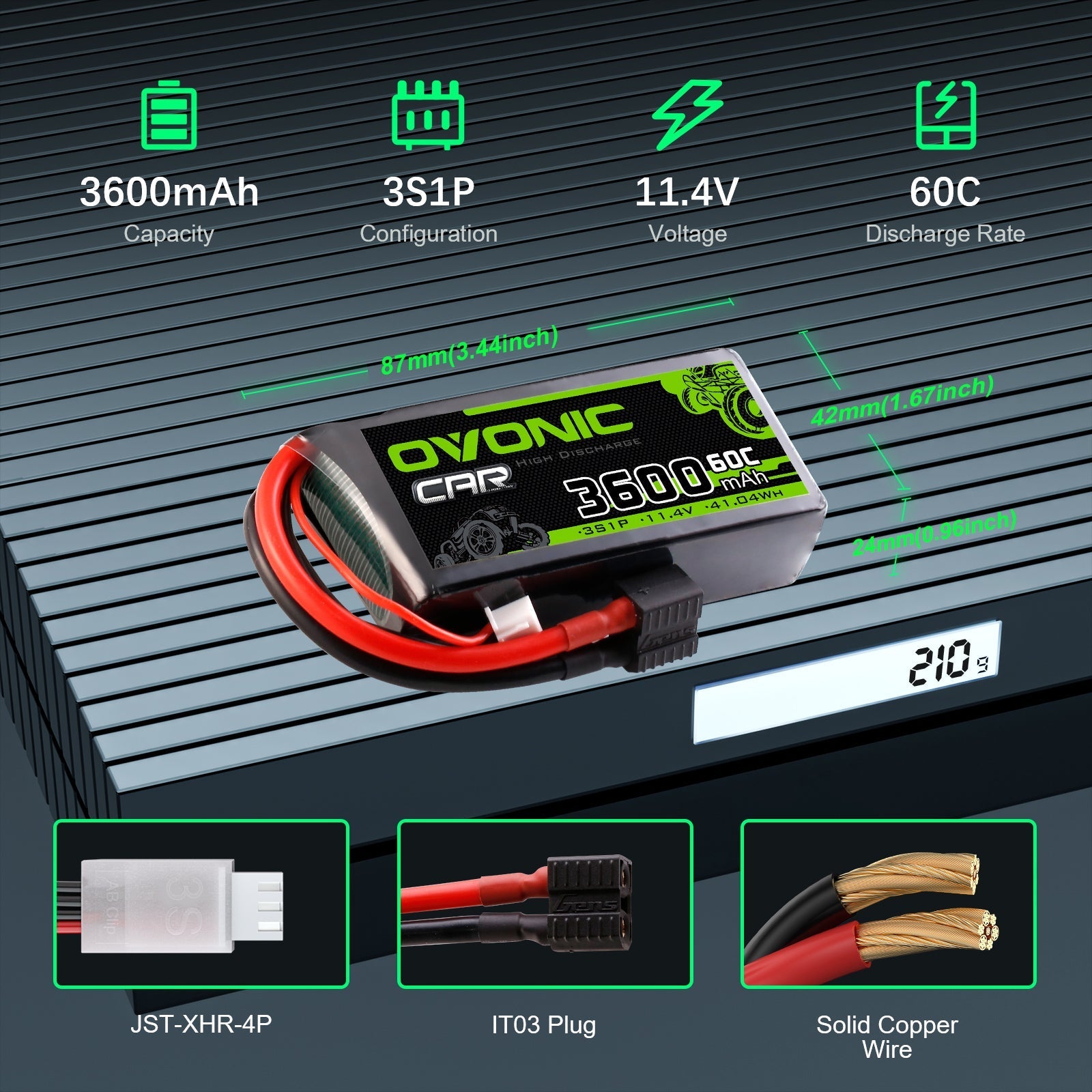 OVONIC 3S 3600mAh 11.4V LiHV battery specs graphic with dimensions, 210g weight, IT03 and JST-XHR-4P