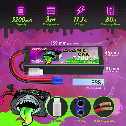 Ovonic Rebel 2.0 3S 5200mAh hardcase LiPo dimensions and weight infographic with EC5 and JST-XHR balance plug