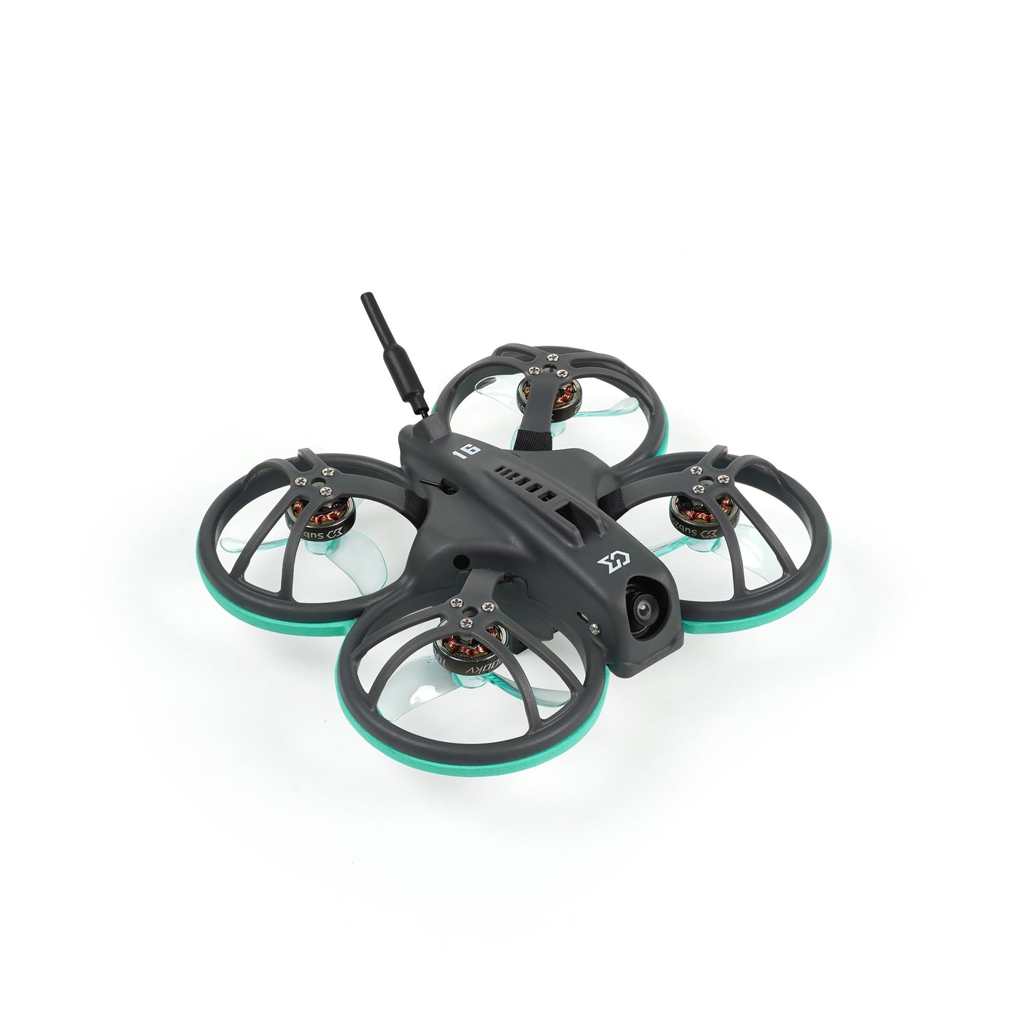 Whoopfly16 1S ducted FPV whoop, three-quarter view showing antenna and camera housing