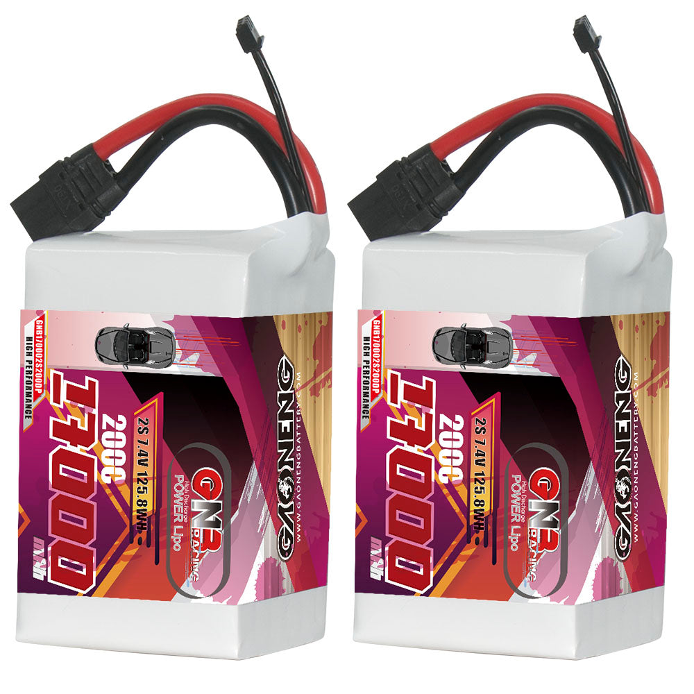 Two GAONENG GNB 17000mAh 2S LiPo packs shown upright with XT90 power leads and balance connector