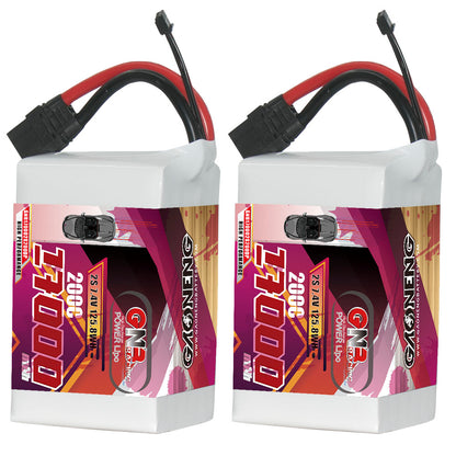 Two GAONENG GNB 17000mAh 2S LiPo packs shown upright with XT90 power leads and balance connector