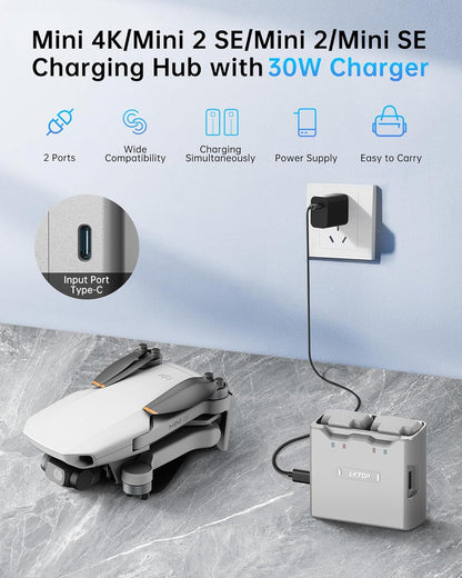LKTOP charging hub supports DJI Mini series with dual-battery 30W charging, Type-C input, two ports, and portable power.
