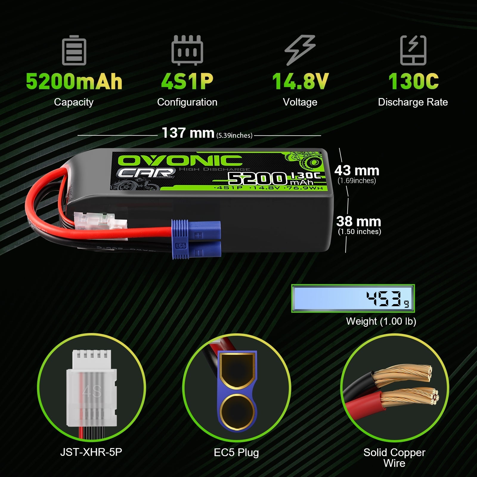 OVONIC 5200mAh 4S 14.8V 130C LiPo battery specs graphic with size, weight, JST-XHR-5P and EC5 plug