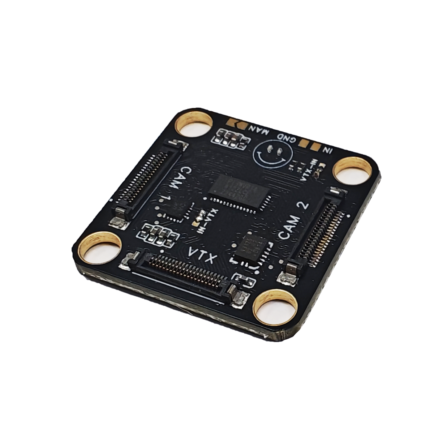 HDZero Camera Switch board top view with CAM1, CAM2 and VTX connectors and four mounting holes