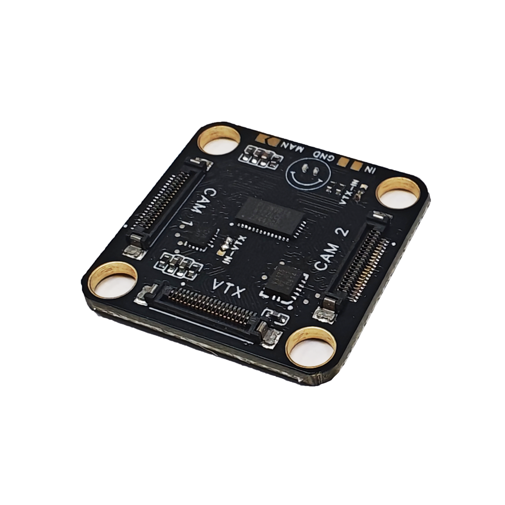 HDZero Camera Switch board top view with CAM1, CAM2 and VTX connectors and four mounting holes