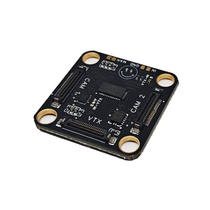 HDZero Camera Switch board top view with CAM1, CAM2 and VTX connectors and four mounting holes