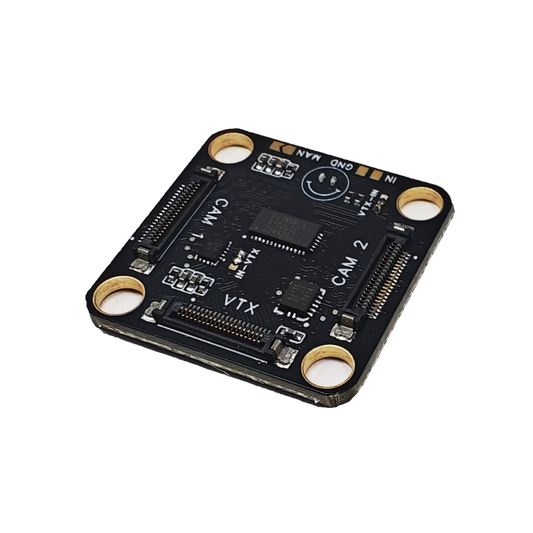 HDZero Camera Switch board top view with CAM1, CAM2 and VTX connectors and four mounting holes