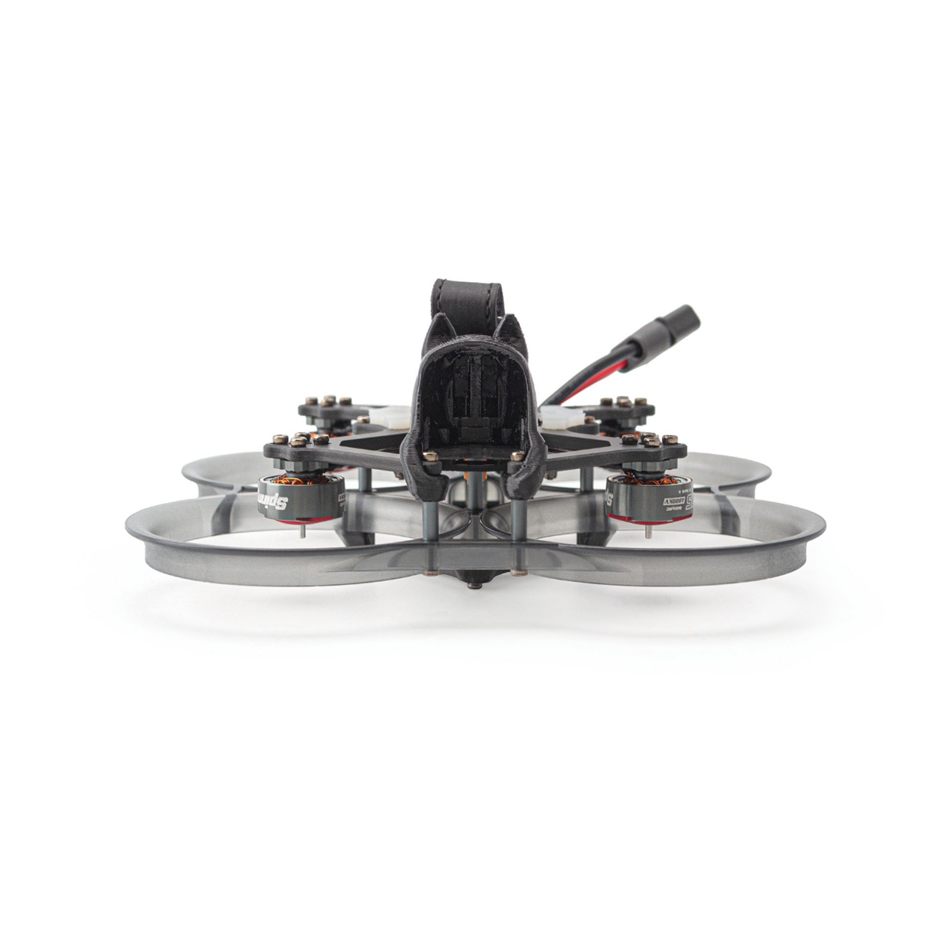 Front view of ducted 2.5-inch FPV drone showing camera mount, prop guards, and low-profile frame