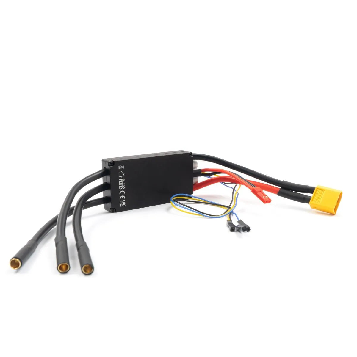 ESC side view showing three motor bullet leads, red/black power cables, and yellow battery connector