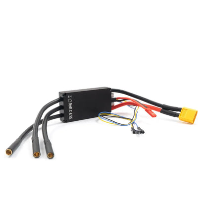 ESC side view showing three motor bullet leads, red/black power cables, and yellow battery connector