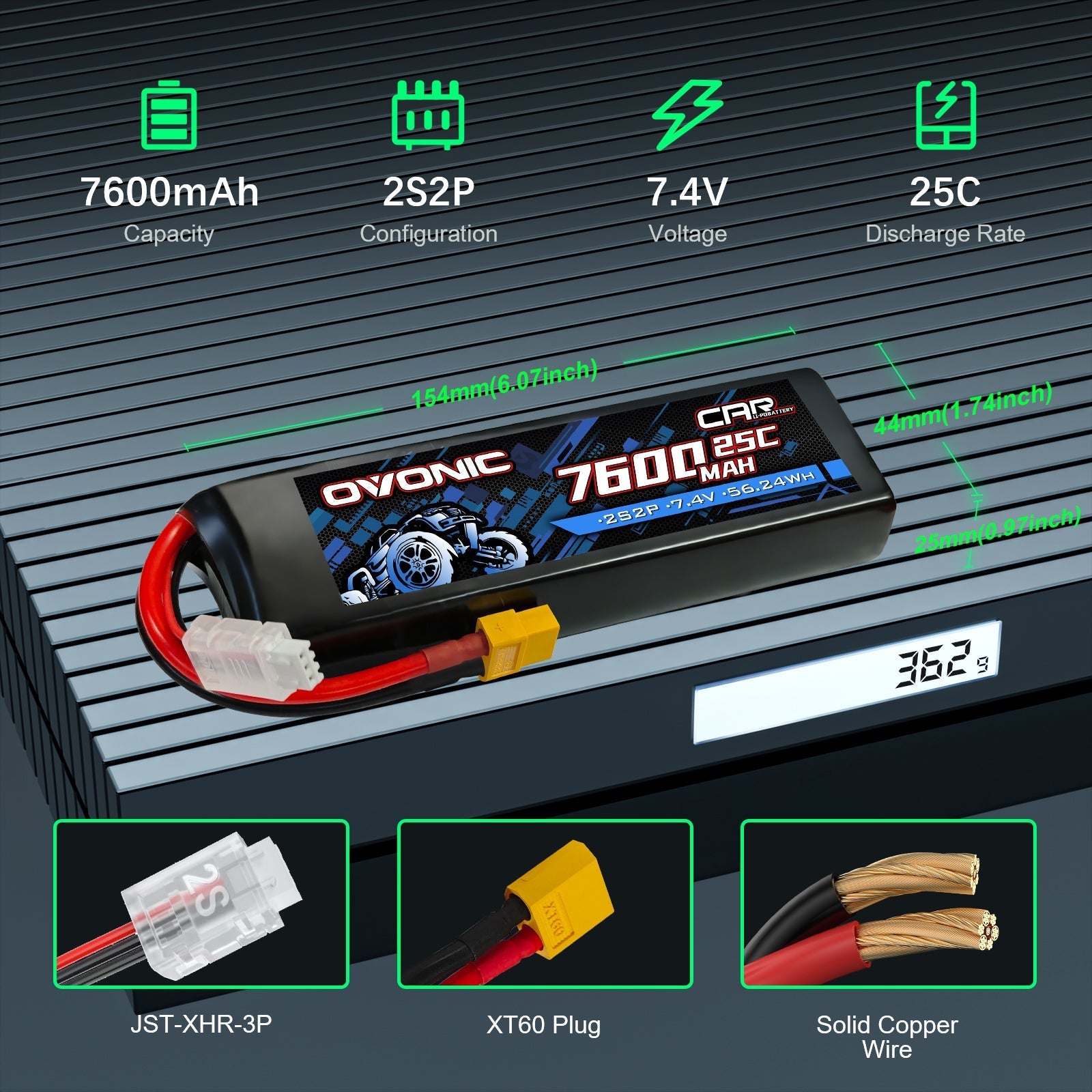 7600mAh 2S2P 7.4V 25C Ovonic LiPo battery size and plug details (XT60, JST-XHR-3P)
