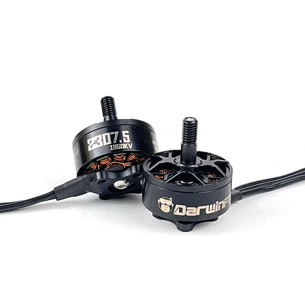 DarwinFPV 2307.5 1960KV seawater-proof brushless motor for FPV drone, 5mm shaft, front and side view