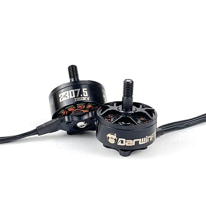 DarwinFPV 2307.5 1960KV seawater-proof brushless motor for FPV drone, 5mm shaft, front and side view