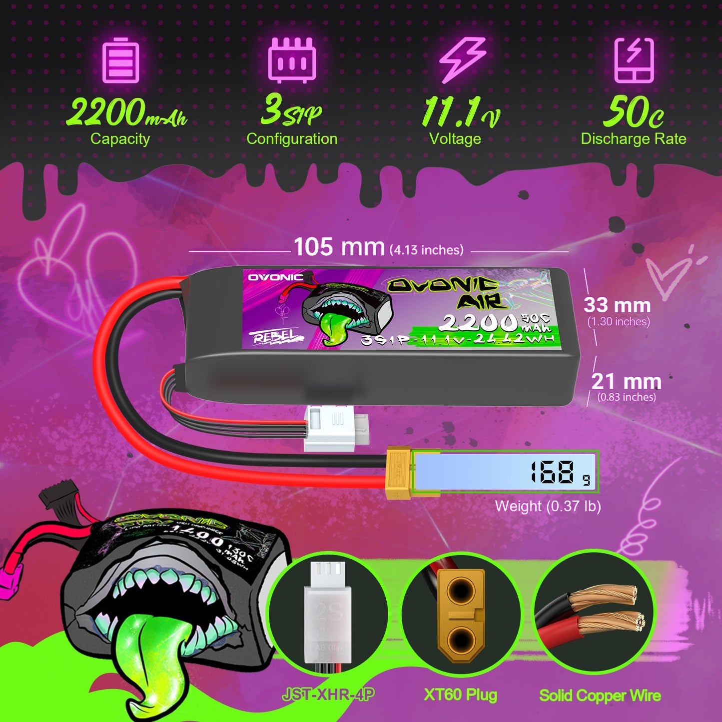 Ovonic 3S 2200mAh LiPo battery size and specs graphic: 105×33×21mm, 168g, XT60 plug, JST-XHR-4P