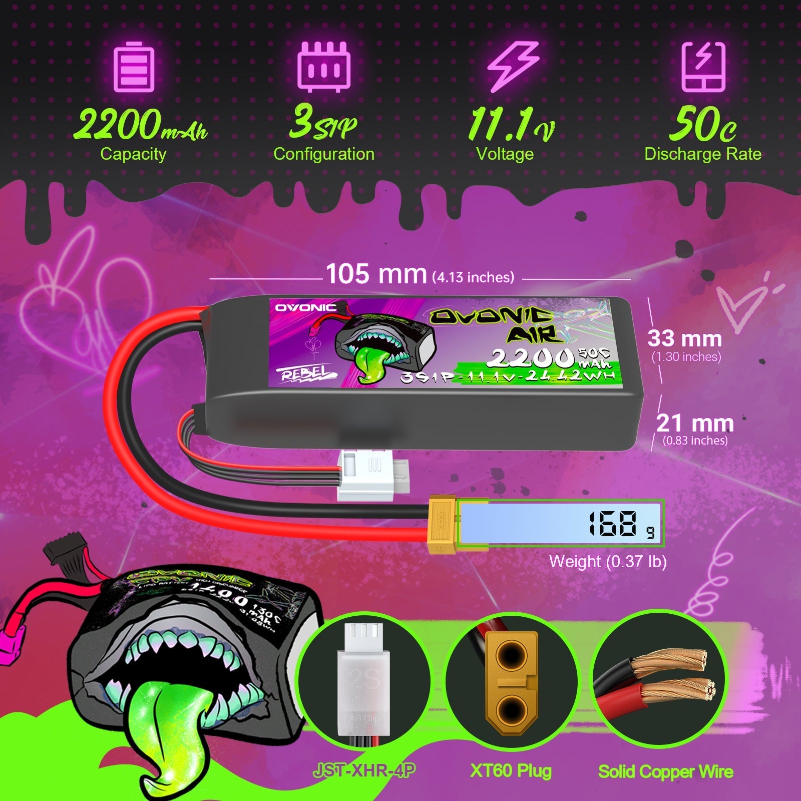 Ovonic 3S 2200mAh LiPo battery size and specs graphic: 105×33×21mm, 168g, XT60 plug, JST-XHR-4P