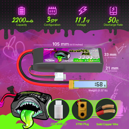 Ovonic 3S 2200mAh LiPo battery size and specs graphic: 105×33×21mm, 168g, XT60 plug, JST-XHR-4P