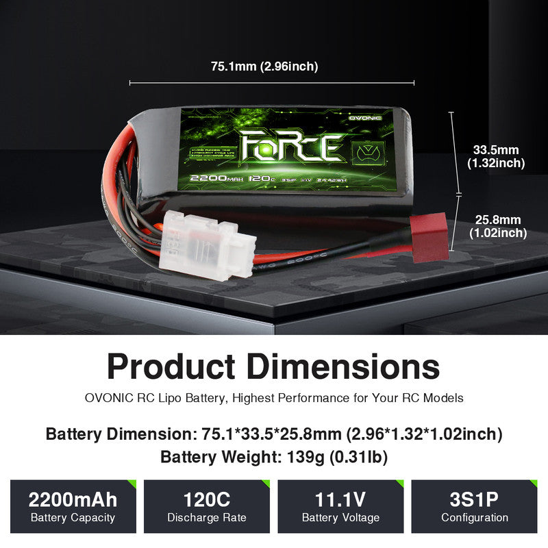 2-Pack Ovonic Force 3S 2200mAh 120C 11.1V Short LiPo Battery w/Deans Plug for 1/10 Race Buggy & On-Road Car (Voltage Checker Included)