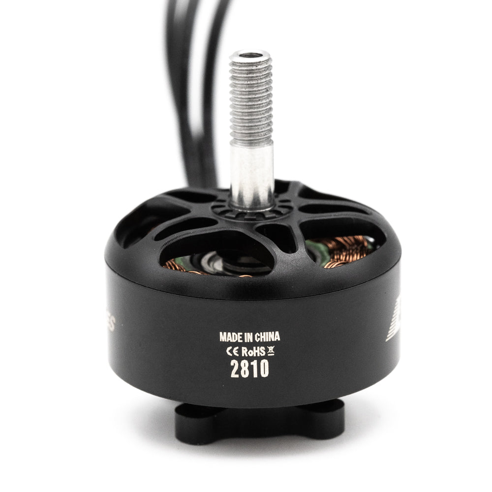 Side view showing 2810 marking with CE RoHS text and motor lead wires