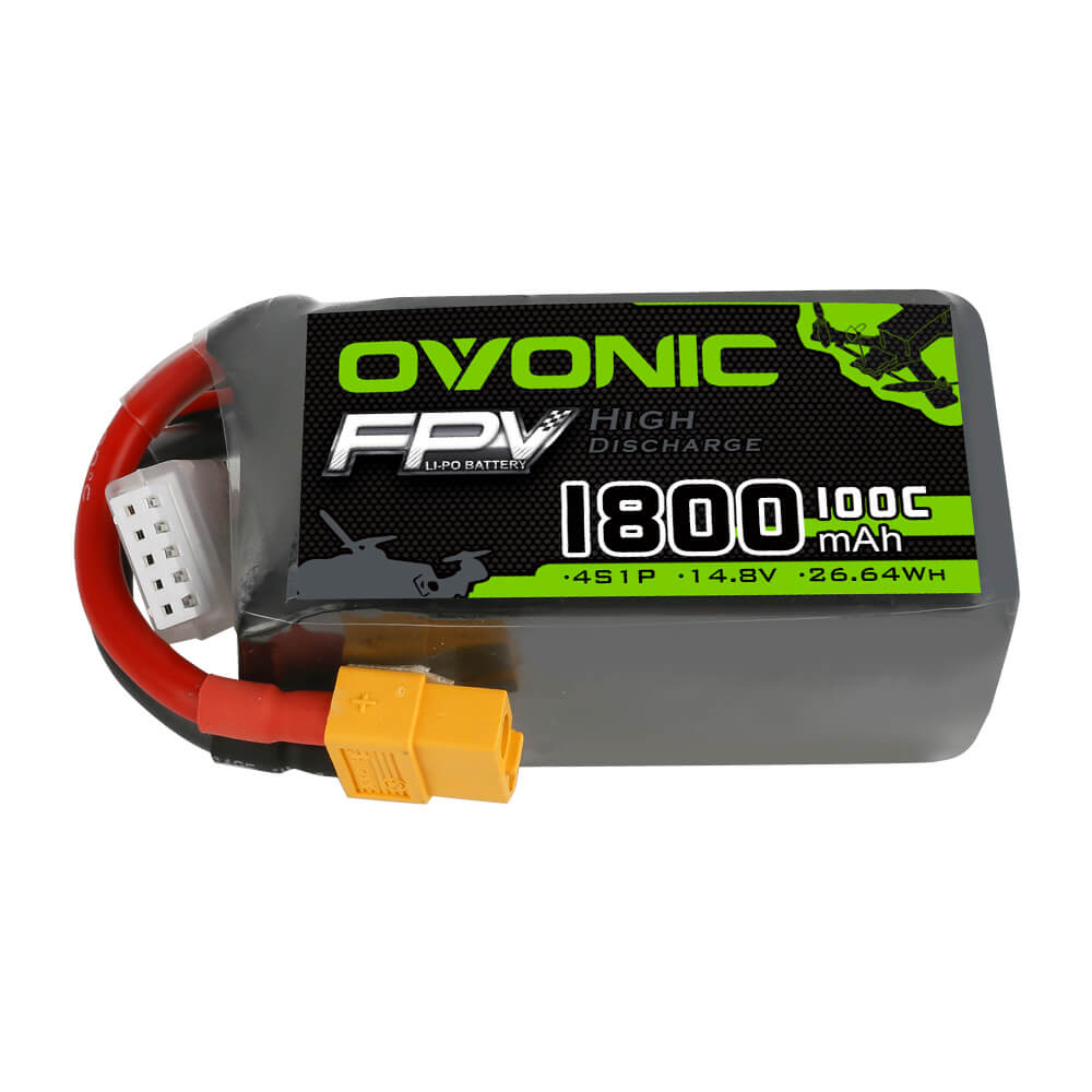 Side view of Ovonic FPV 1800mAh 4S LiPo battery showing label and XT60 connector