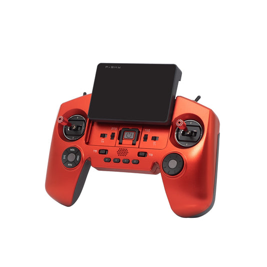 FrSky TWIN X-Lite RII RC transmitter in red, angled front view with screen folded up