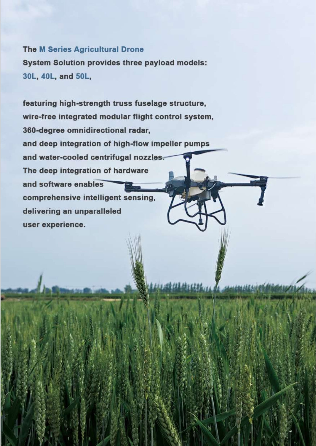 RCDrone, Agricultural drone with 30L payload capacity, advanced flight control, and radar for precise navigation.